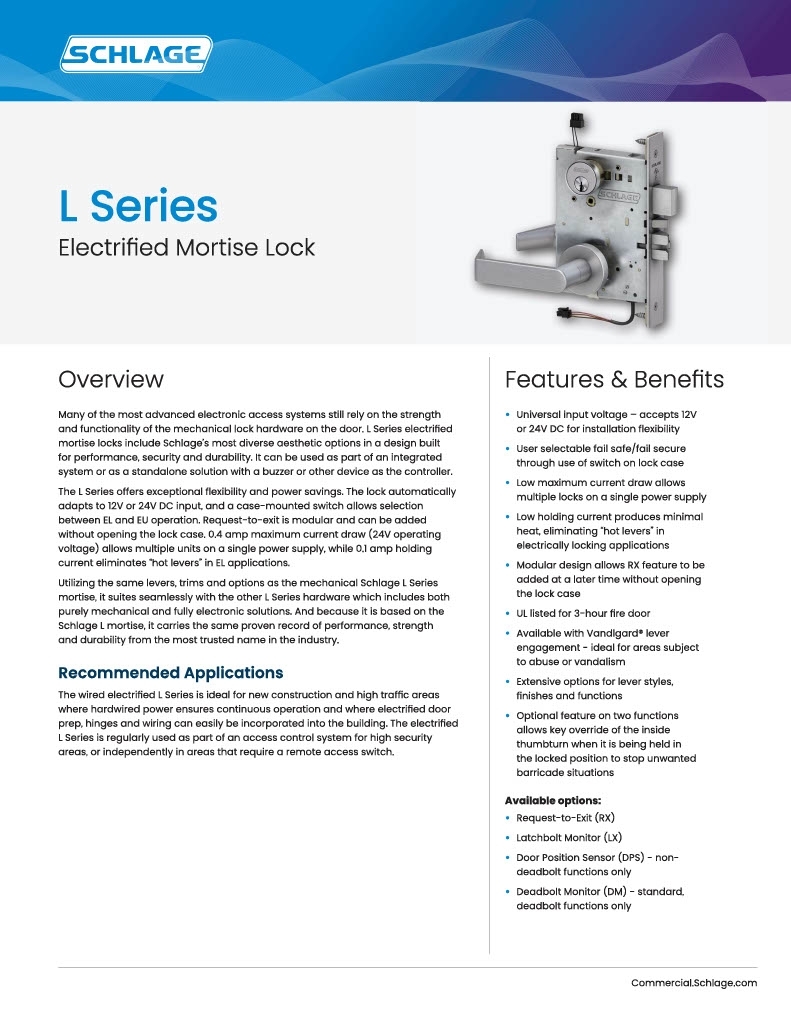 Picture of Schlage L9092EL-02  Mortise Lock, Electrically Lock/Unlock Outside Lever W/Cylinder Outside - Fail Safe