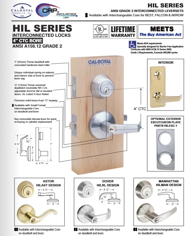Picture of Cal-Royal HILMAN00 US26D Double Locking, Interconnected Entrance Lever  Lock, Satin Chrome