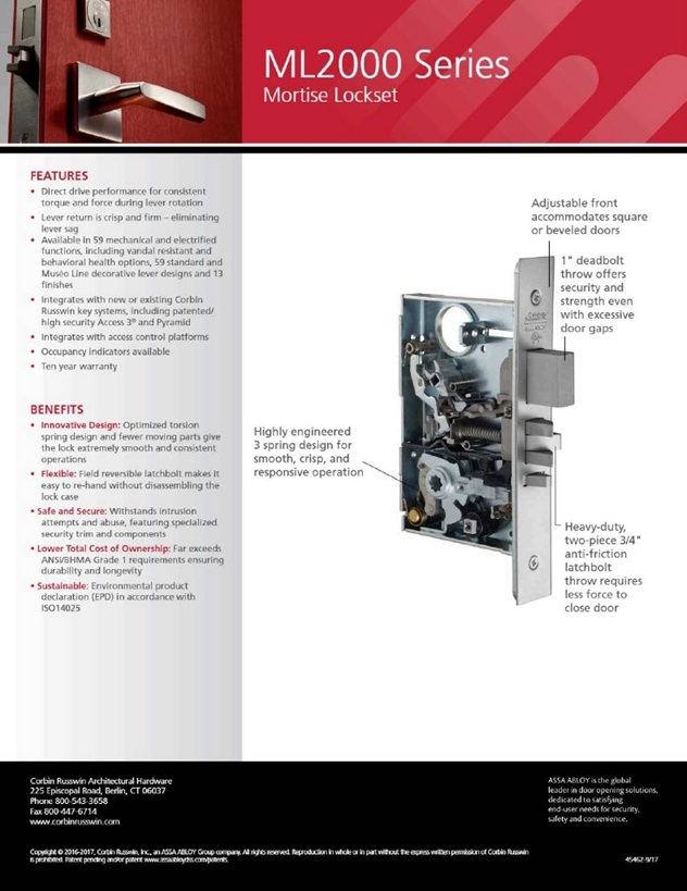 Picture of Corbin Russwin ML2022 PSP Store Door Mortise Lock, PS Lever, P Escutcheon