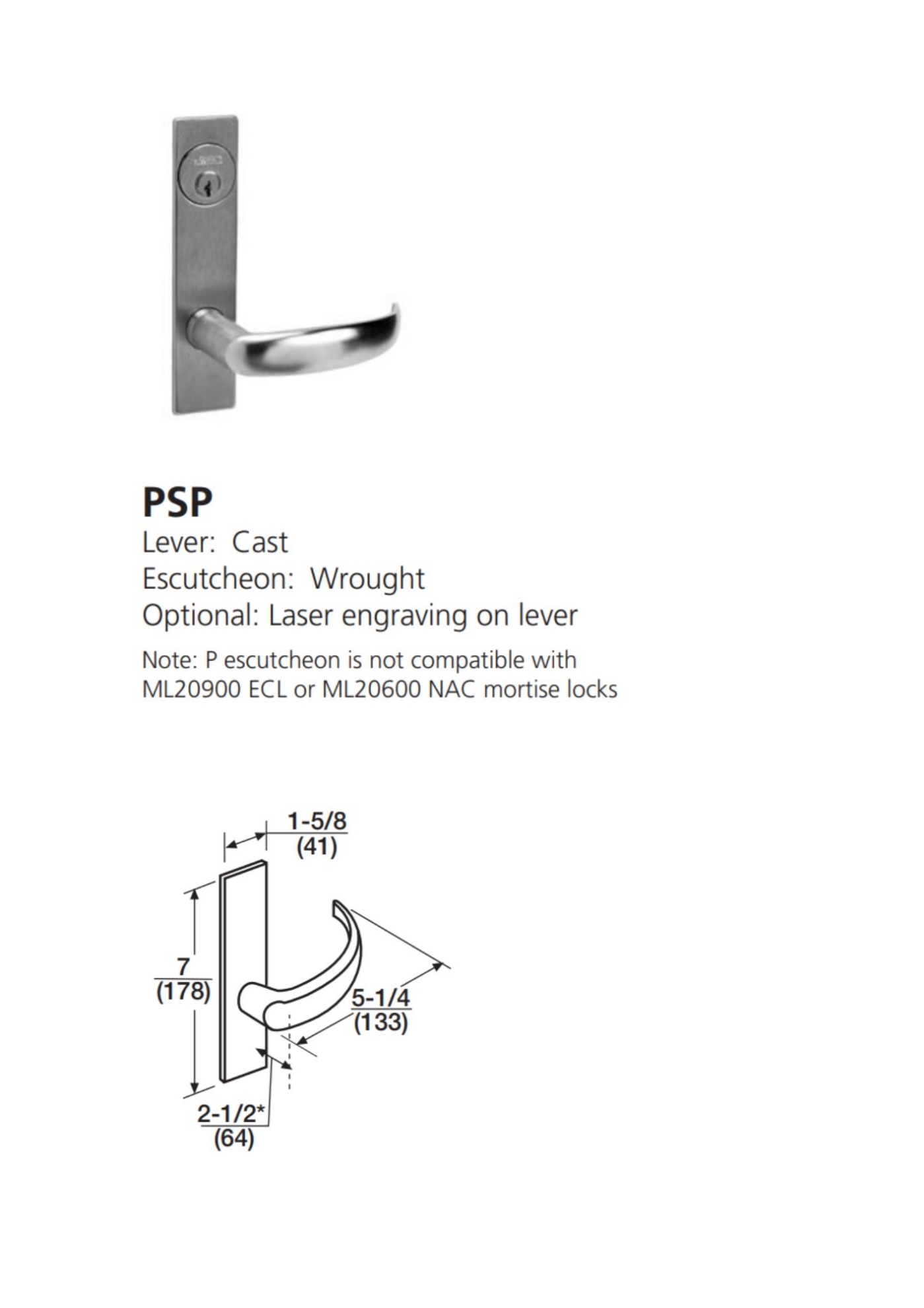 Picture of Corbin Russwin ML2024 PSP Entrance or Storeroom Mortise Lock, PS Lever, P Escutcheon