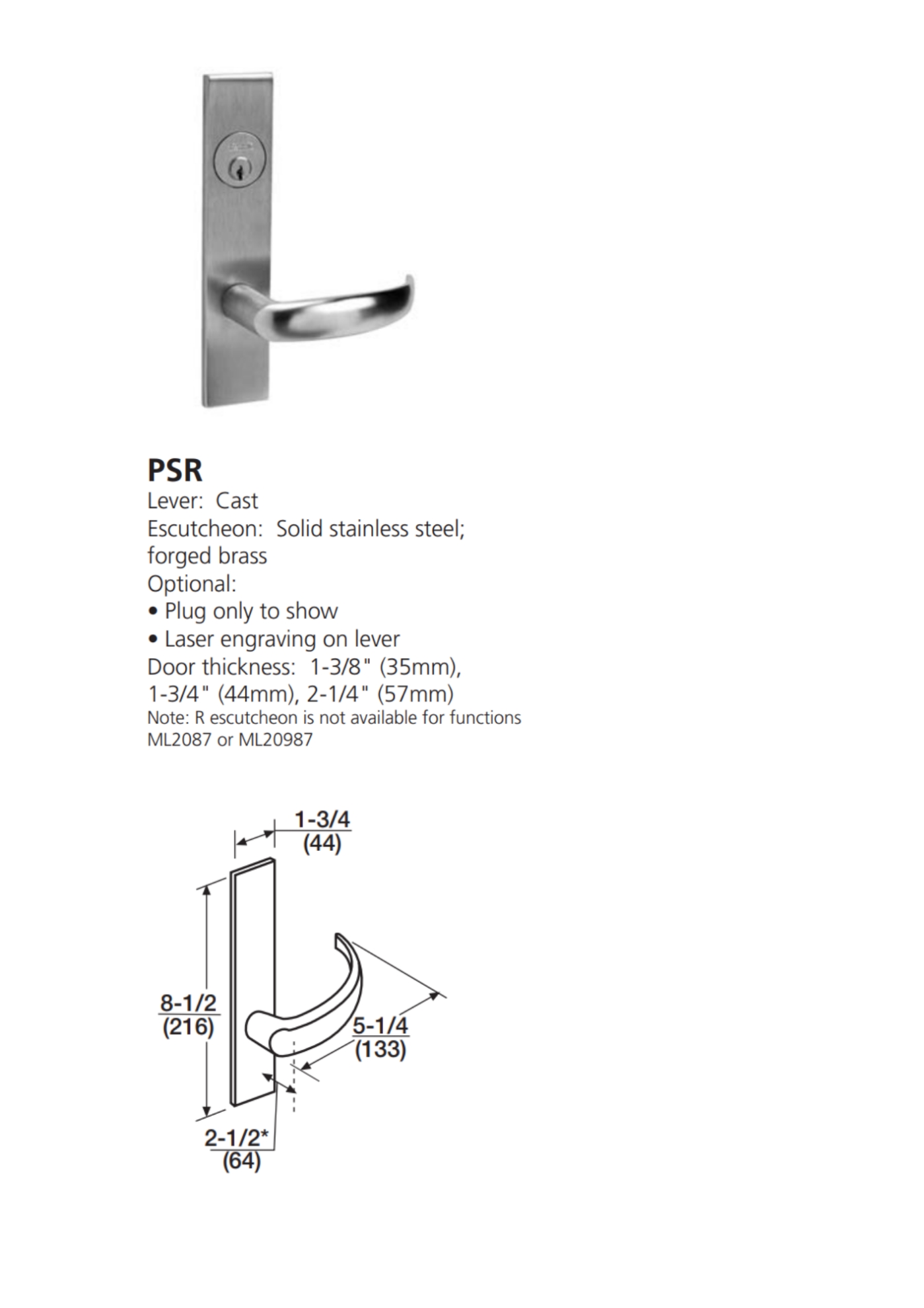 Picture of Corbin Russwin ML2022 PSR Store Door Mortise Lock, PS Lever, R Escutcheon