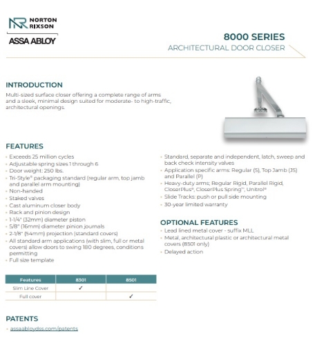 Picture of Norton Rixson 8301/8301H Multi-Sized Door Closer