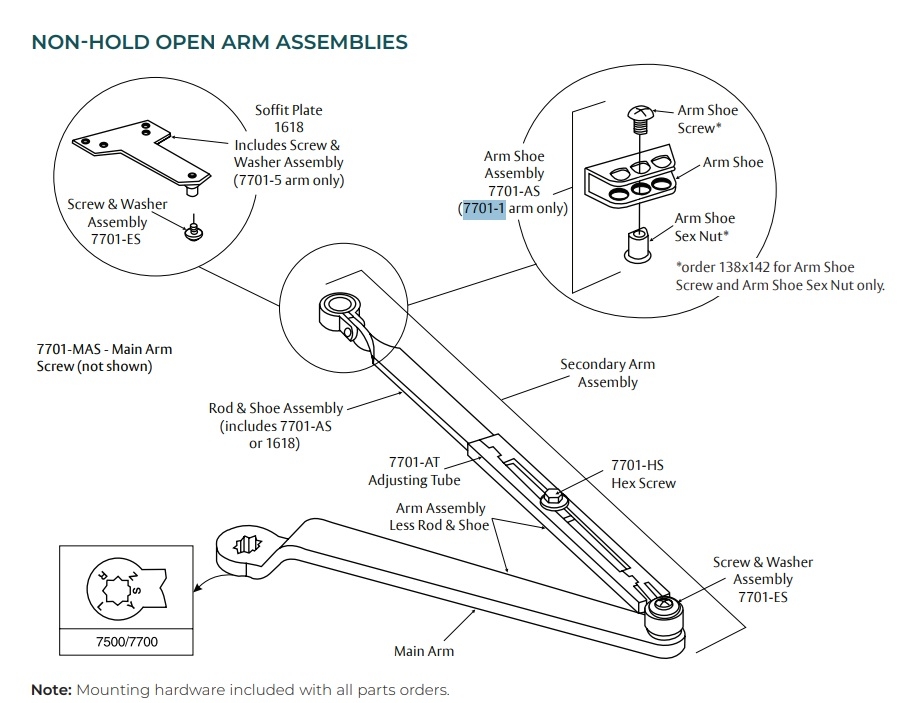 Picture of Norton Rixson 7701-1A, J Top Jamb Arm Assembly, Non-Hold Open