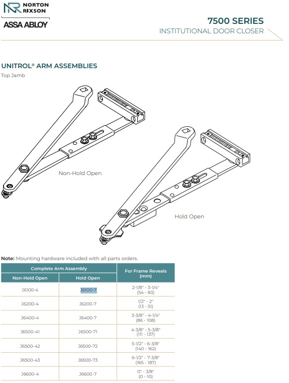 Picture of Norton Rixson J6100-7 Top Jamb Unitrol Arm Assembly, Hold Open, Frame Reveals 2-1/8" to 3-1/4"