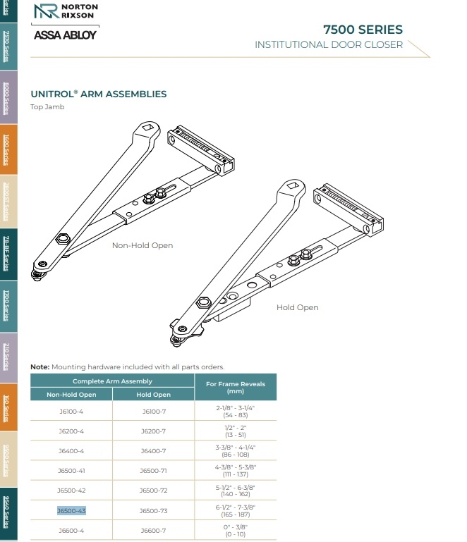 Picture of Norton Rixson J6500-43 Top Jamb Unitrol Arm Assembly, Non-Hold Open, Frame Reveals 6-1/2" to 7-3/8"