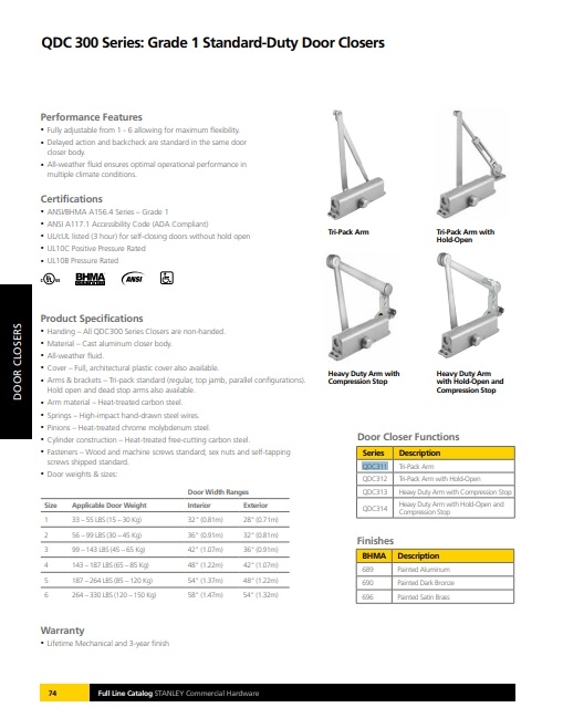 Picture of Stanley QDC312-NC Grade 1 Standard Duty Door Closer - Fully Adjustable - Cast Aluminum Body - Tri-pack arm with Hold-Open - No Cover