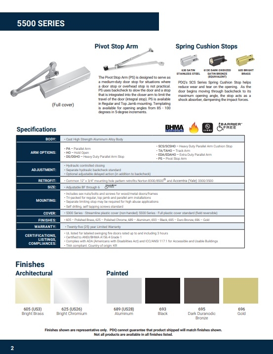 Picture of PDQ 5501-BC-SCS-HO Grade 1 Commercial Closer, Full Cover, Door Saver w/Spring Cushion Stop - Hold Open Arm