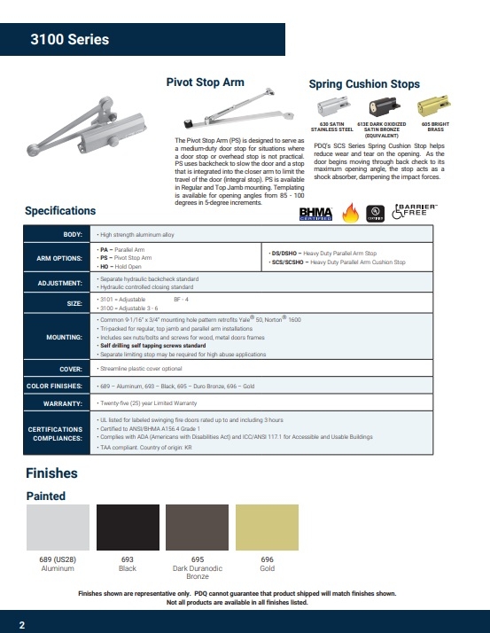 Picture of PDQ 999022 PAHO PARALLEL ARM BRACKET- HOLD OPEN applications - For 3100 Closers