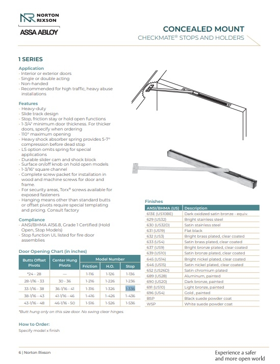 Picture of Norton Rixson Checkmate 1-336 Concealed Mount Overhead Stop