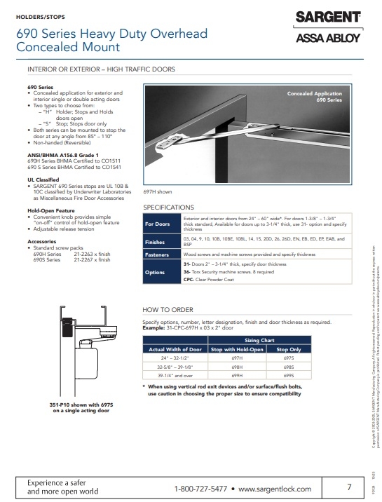 Picture of Sargent 698S 26D Heavy Duty Overhead Concealed Mount Stop, 35-1/2" to 39-1/8" Doors, Satin Chrome