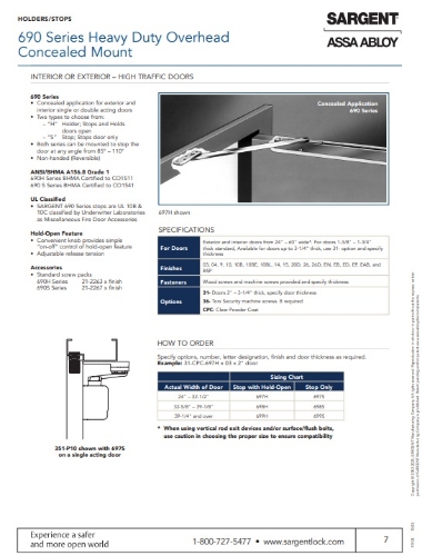 Picture of Sargent 698S 26D Heavy Duty Overhead Concealed Mount Stop, 35-1/2" to 39-1/8" Doors, Satin Chrome