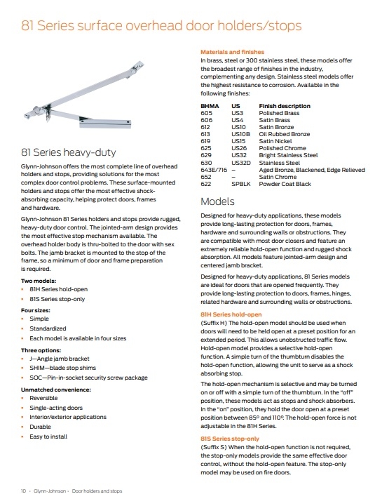 Picture of Glynn Johnson 815S Heavy Duty Surface Mount Overhead Door Stop 39-1/16" - 45" Door