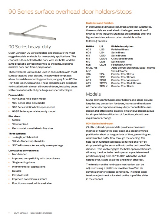 Picture of Glynn Johnson 906H Heavy Duty Surface Mount Overhead Door Stop / Holder 45-1/16" - 51" Door