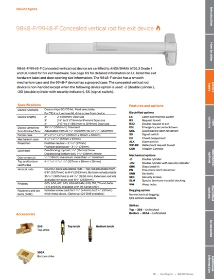 Picture of Von Duprin 9848EO-F / 9948EO-F Concealed Vertical Fire Rated, For Metal Doors, Bottom Latch Has Longer Throw