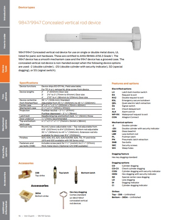 Picture of Von Duprin CD9847EO / CD9947EO Concealed Mounted Vertical Rod Device, Cylinder Dogging